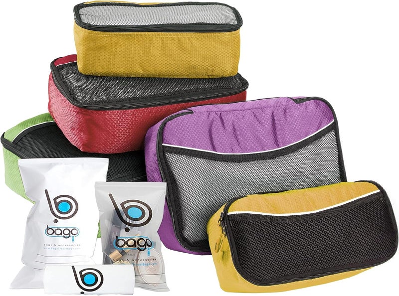 bago 8 Pcs Packing Cubes for Travel - 5 Travel Packing Cubes for Suitcases with 3 ZipLock Bags - Luggage Organizer Bags to Get Maximum Storage, Save Time & Effort to Pack (Green Red Purple Yellow) - Image 1